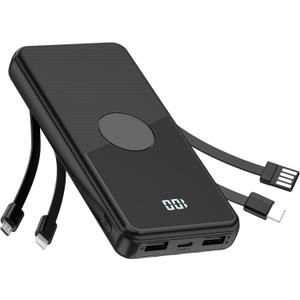 Portable Charger with Built in Cables,High Speed Power Bank 10000mAh Travel Battery Pack 5 Outputs 3 Inputs Portable Phone Charger Backup Battery for iPhone, Samsung, iPad,Tablets (Black)