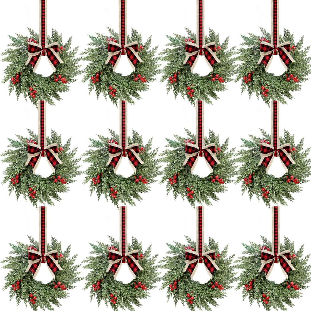12 Pcs Small Christmas Wreath, Norfolk Pine Wreaths, 14in Mini Wreaths for Cabinets Christmas Candle Rings with Ribbon for Kitchen Window Decor, Mini Decorative Hanging Wreath for Xmas Decor
