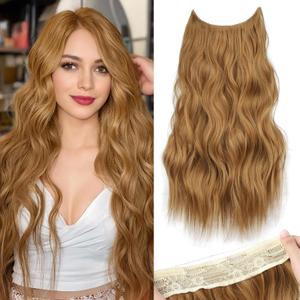 KooKaStyle Invisible Wire Hair Extensions with Transparent Headband Adjustable Size 4 Secure Clips Long Wavy Highlight Hairpiece 20 Inch Medium Reddish Blonde for Women