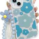 for iPhone 15 Case, Cute Clear Blue Floral Bear Camera Lens Case with Lovely Flower Wrist Strap Bracelet Chain for Women Girly,Shockproof Cover-Blue