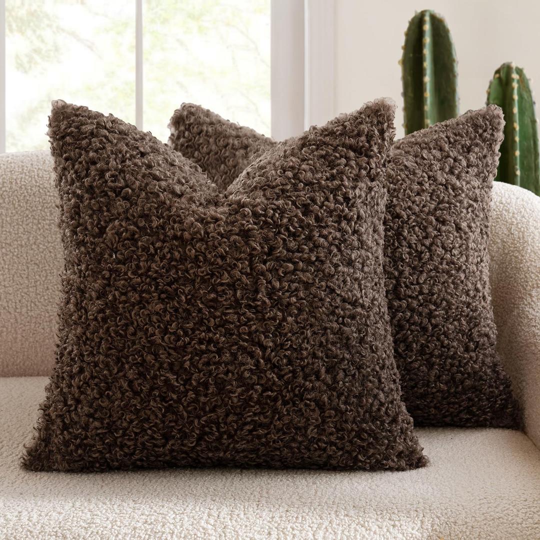 MIULEE Pack of 2 Throw Pillow Covers 26x26 Inch Chocolate Faux Fur Decorative Sherpa Pillow Covers Fuzzy Accent Soft Sheepskin Fleece Cushion Cases for Boho Home Decor Couch Living Room Bed