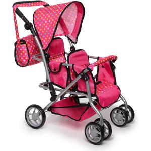 Twin Doll Stroller with Diaper Bag and Swivel Wheels & Adjustable Handle - Pink & Polka Dot Design