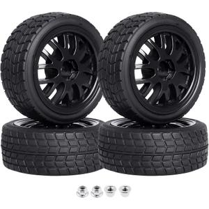 Pre-Glued OD 2.56" 12mm Hex Wheels Rims & Rubber Tires 26mm for 1/10 Scale On Road Racing Car Drift RC Touring Car, Set of 4 (Color D)
