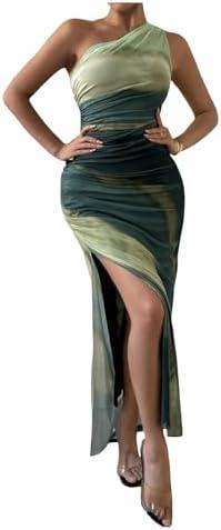 WDIRARA Women's One Shoulder Mesh Ruched Maxi Dress Tie Dye High Slit Bodycon Dresses, Size -M