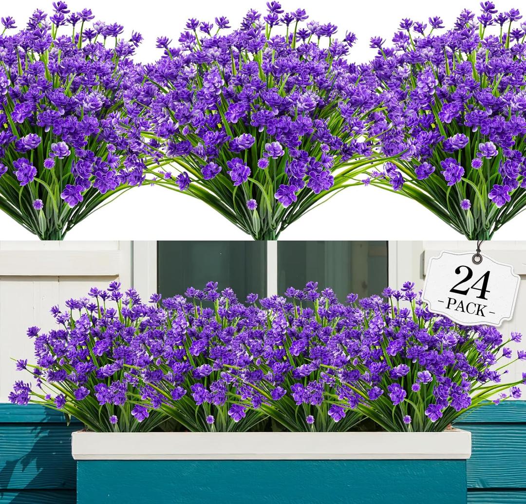 24 Bundles Artificial Flowers for Outdoor,No Fade Fake Plastic Flowers Faux Plants for Decoration Hanging Planters Indoor Outside Garden Porch Window Box Home Wedding Farmhouse (Dark Purple)