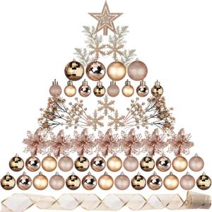 Sratte 94 Pcs Christmas Tree Decorations Set, Christmas Tree Ball Ornaments Glitter Poinsettia Flowers Decorations Glitter Berries Stems for Xmas Holiday Wedding(Champagne Gold)