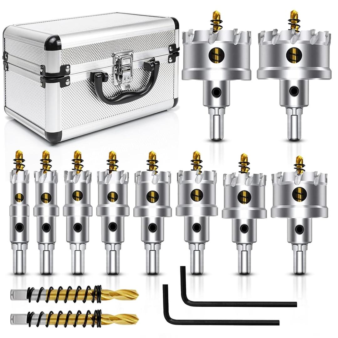 ASNOMY 12PCS TCT Hole Saw Kit for Hard Metal, 5/8"-2-1/8" Inch Tungsten Carbide Tipped Hole Cutter Set with Titanium-Plated Pilot Drill bit for Metal, Stainless Steel, Iron, Wood, Plastic