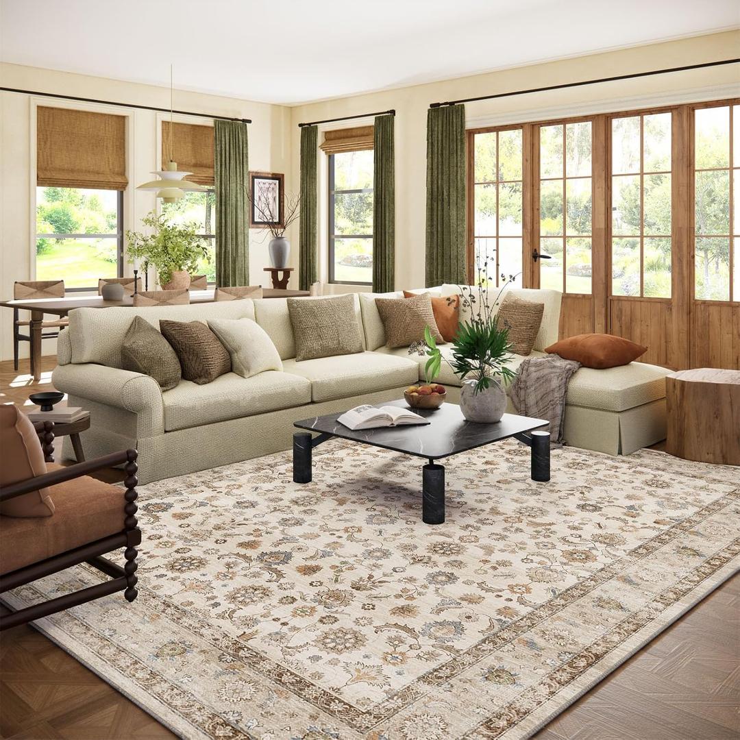 Washable Area Rugs for Living Room: 9x12 Bedroom Rug Boho Vintage Area Rug Stain Resistant Non Slip Low Pile Lightweight Soft Carpets for Dining Room Kitchen Nursery Kids Room Playroom Home Office