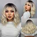 incohair Platinum Blonde Wig Dark Roots 14 Inches Short Wavy Curly Wigs with Bangs Shoulder Length Ombre Synthetic Wigs for Cosplay Party Daily Wigs Wig Cap Included
