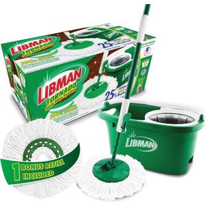 Libman Tornado Spin Mop System - Mop and Bucket with Wringer Set for Floor Cleaning - 2 Total Mop Heads Included, Green