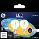GE LED Light Bulbs, 60 Watt, Soft White, G16.5 Globe Bulbs, Clear, Small Base (2 Pack)