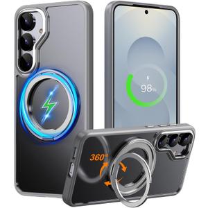 Compatible with Samsung Galaxy S25 Case 360 Invisible Ring Stand Magnetic Case [Compatible with Magsafe][Military Drop Protection] Anti-Fingerprint Shockproof Translucent Design for S25Gray