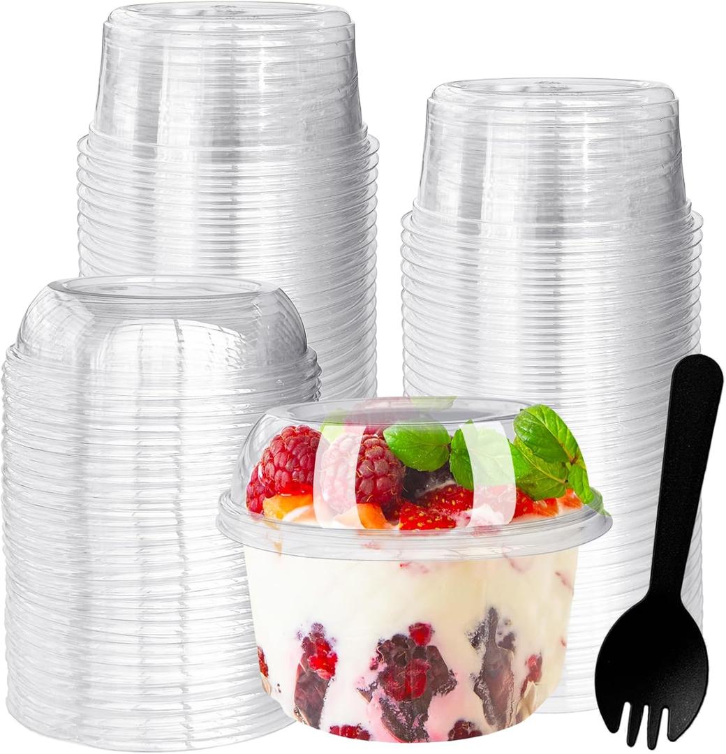 50 Pack 12 oz Disposable Clear Plastic Cups with Dome Lids and Spoons,Plastic Dessert Cups,Disposable Snack Bowls for Ice Cream,Cake,Snacks,Fruit,Cold Drinks,Milkshake,Pudding,Salad