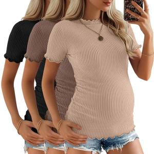 2 x 3 Pack Women's Ribbed Maternity Tops | Short Sleeve, Ribbed Knit, Crew Neck, Side Ruched, Pregnancy Clothes, Maternity Shirts, Soft, Stretchy, Breathable, Comfy (Black)
