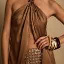 Seyumixi Women Elegant Silk Satin Top Halter Neck Knot Dressy Draped Tops Sleeveless Sexy Backless Going Out Top (Brown, L)