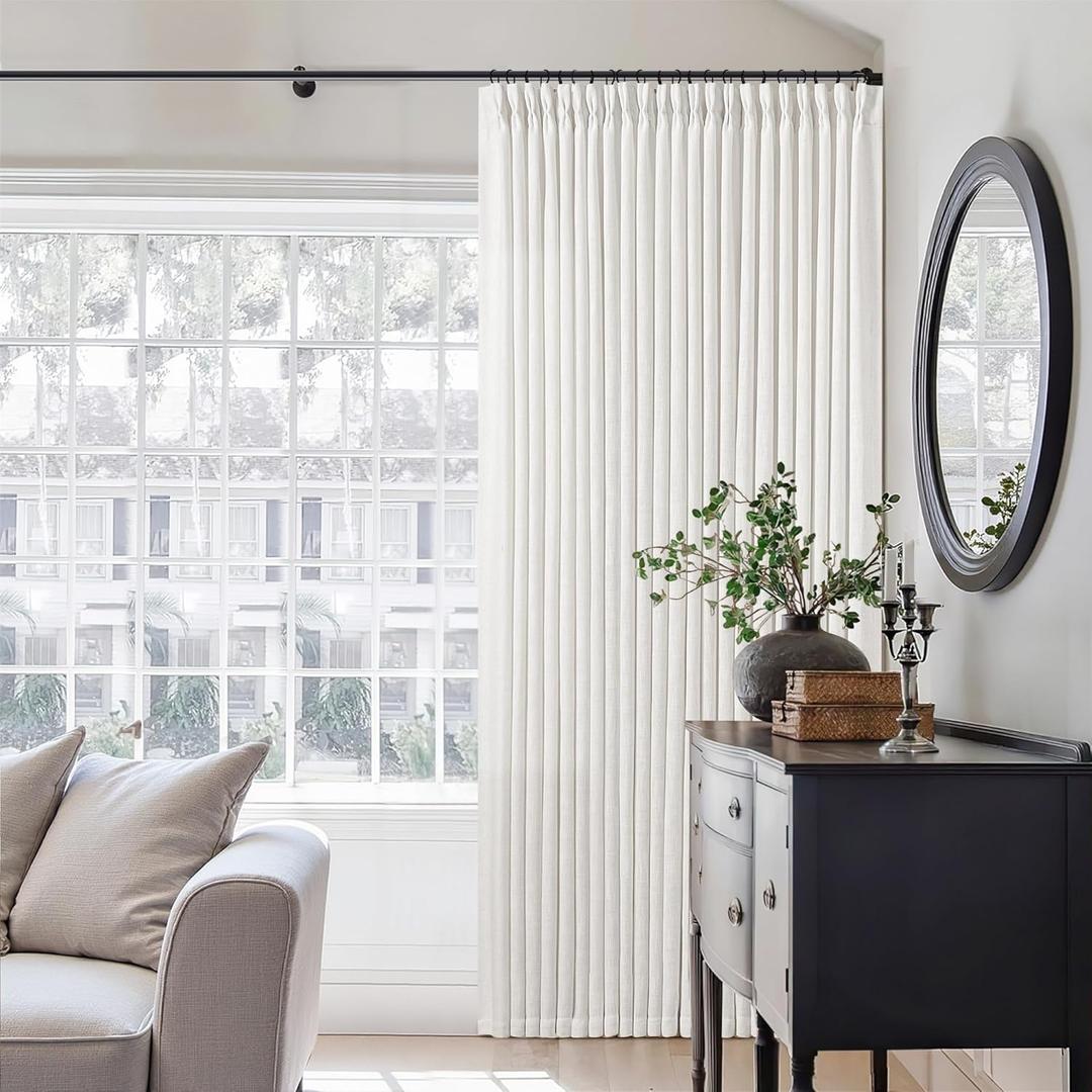 Beige White Pinch Pleated Extra Wide Curtain Panels 90 Inches Long 100 Wide Linen Curtain for Sliding Glass Door Semi Sheer Hooks Rings Privacy 90 Inch Length Drape for Living Room 100x90 1 Panel