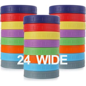 AOZITA [ 24 Pack ] WIDE Mouth Mason Jar Lids for Ball, Kerr and More - Colored Plastic Storage Caps for Mason/Canning Jars - Leak-Proof