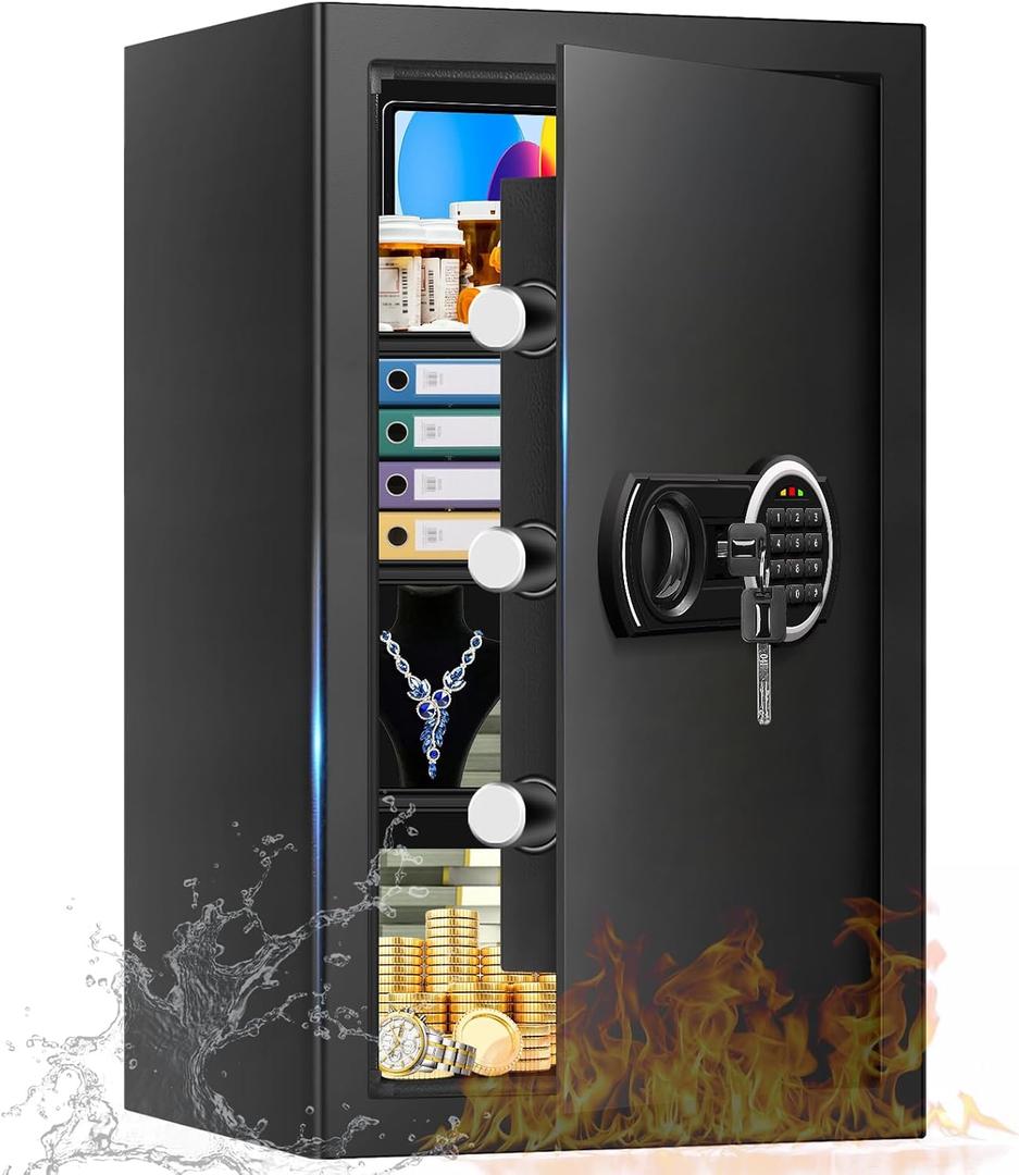 5.1 Cuft Large Safes for Home Use Fire and Water proof, Digital Keypad Safe with Key Lock, Anti-Pry Home Office Security Safe for Cash, Jewelry, Document, 3 Removable Shelves, 23.62"H x14.96"W x12.2"D