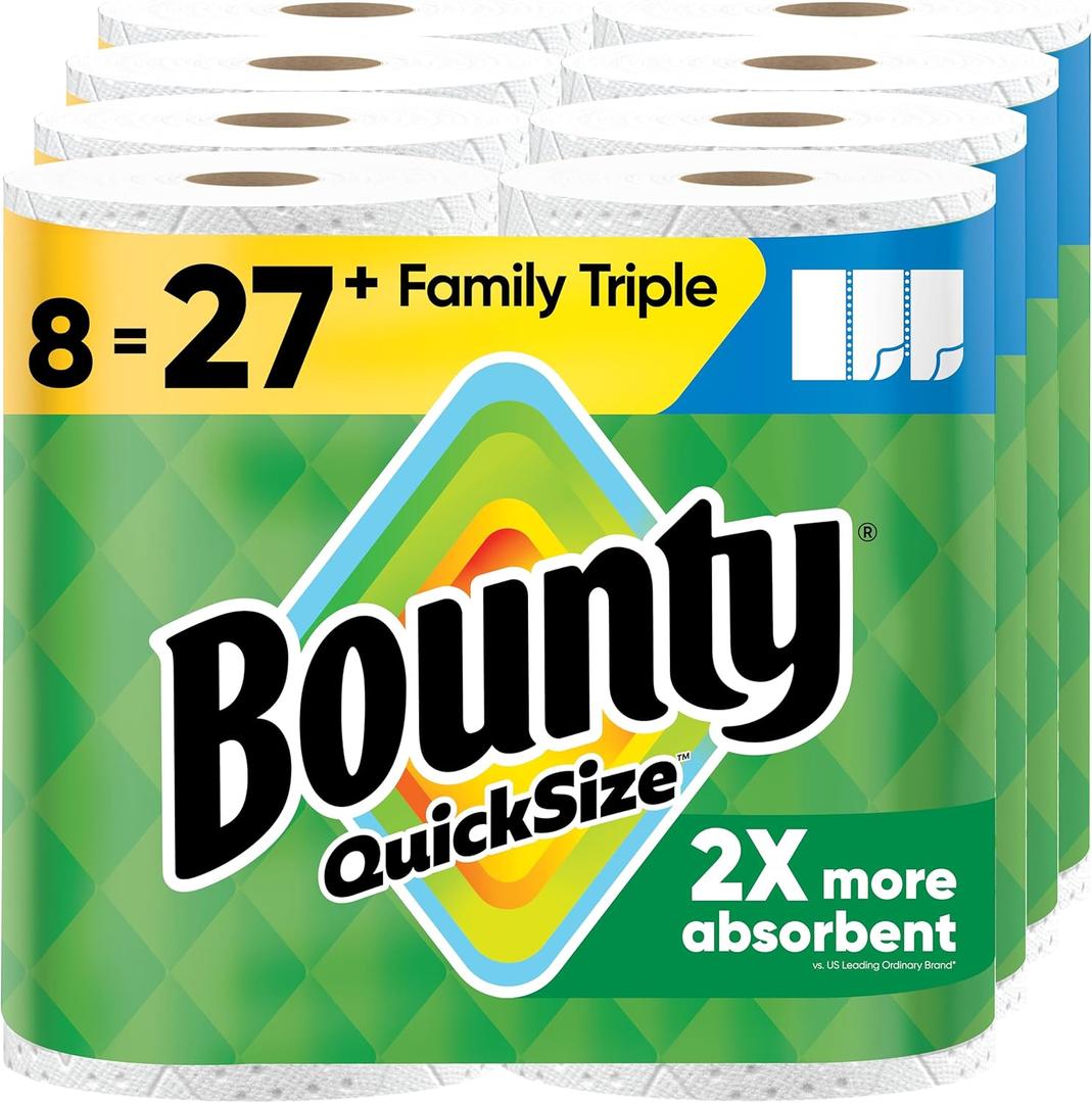 Bounty Quick-Size Paper Towels, White, 8 Family Triple Rolls, 27 Regular Rolls