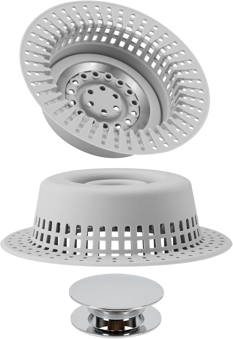Shower Drain Hair Catcher, Bathtub Drain Cover Hair Trap Strainer Upgraded Protector with Silicone & Stainless Metal Designed for Pop-Up and Regular, Effective Without Slowing Drainage (Gray)