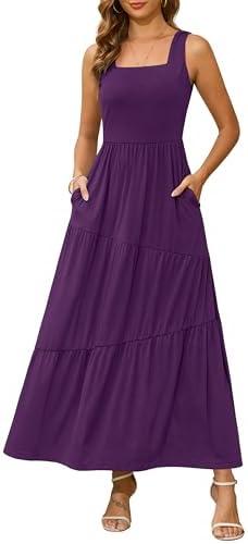 Kranda 2025 Summer Sleeveless Long Beach Sundress Square Neck Tank Top Tiered Maxi Dress with Pockets, Medium