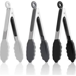 7-Inch Silicone Tongs Pack of 3, Small Tongs with Silicone Tips for Cooking, Barbecue, Buffet Serving (7", Black/Grey/White)