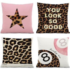 Preppy Room Decorative Pillow Covers,Leopard Cheetah Lucky 8 Balls Throw Pillow Covers Decorations for Women Teen Girl Room Sofa Couch,18x18 Inch Pillowcase Set of 4