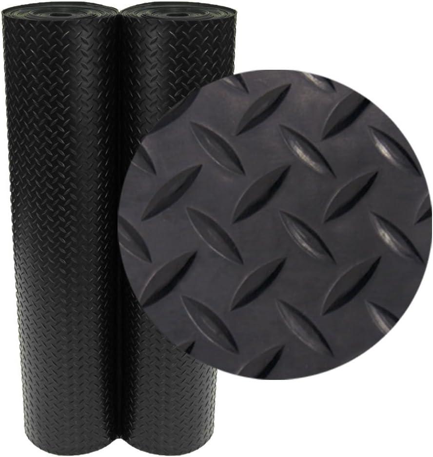 Rubber-Cal Diamond-Plate Rubber Flooring Roll - 3 mm x 4 ft x 2 ft Roll - Black