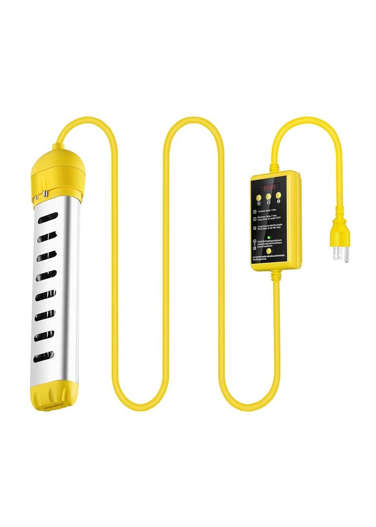 1800W Submersible Water Heater with Anti-Dry-Burn & Auto Shut-Off, Portable Immersion Heater with Timer and Temperature Control - for Bathtubs, Inflatable Pools, Camping Buckets (120V) (Yellow)