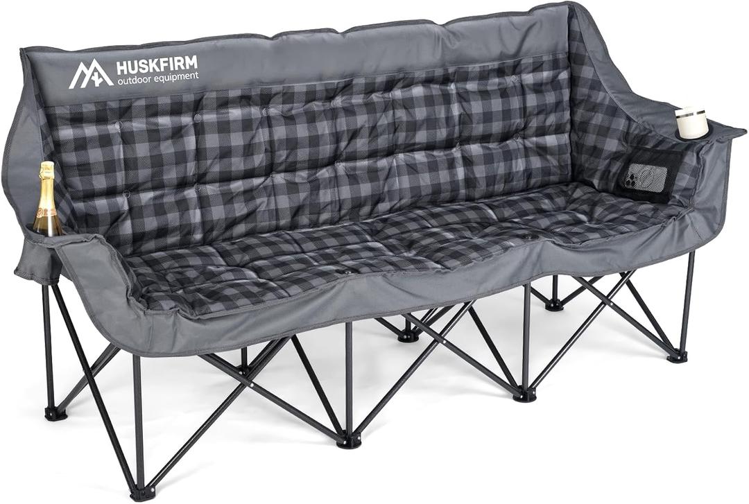 3 Person Camping Chair Padded Loveseat Camping Chair Folding Camping Couch Portable Double Camping Chairs Heavy Duty Camp Chair for Adults Outdoor Lawn with Two Cup Holders and Carry Bag (Grey)