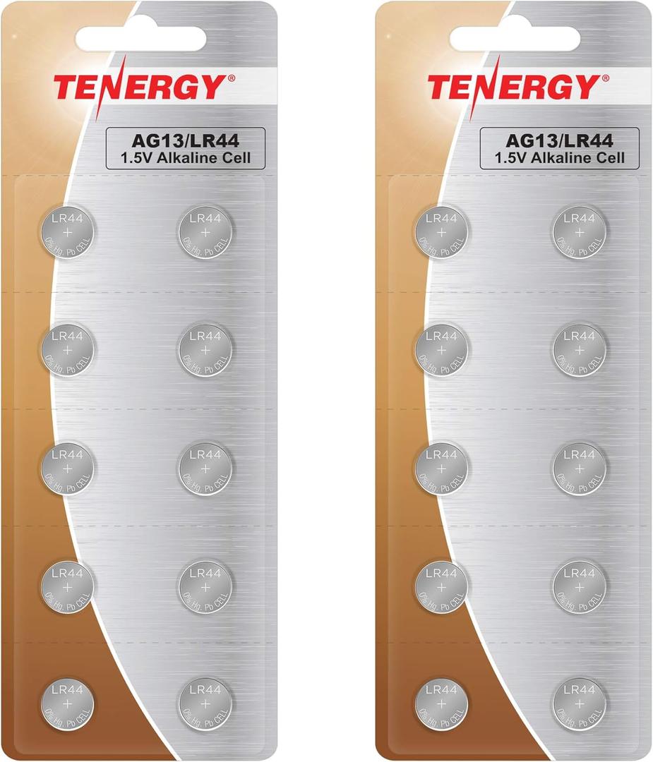 Tenergy 1.5 Volt Battery LR44, Button Cell LR44, ag13/LR44 Batteries Equivalent, Ideal for Watches, Laser Pointers, Small Toys, Portable Electronics, and More, 20 Count