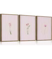 KISSFOX 3 Piece Floral Framed Wall Art Pink Wildflower Canvas Wall Art Flower Pictures Wall Decor Boho Botanical Paintings Poster Wall Decor For Girly Room Bedroom Apartment Dorm Living Room