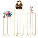 Latywen 3PCS Cylinder Pedestal Stands for Parties, Square Gold Metal Plant Cylinder Stands for Party Flowers, Display Columns Pedestal Stand Cylinder Tables for Vases Birthday Party Decorations