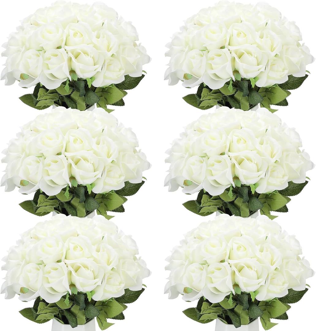 Jexine 50 Pcs Artificial Rose Flower Realistic Silk Roses with Stem Bouquet of Flower Plastic Flower Real Looking Fake Rose for Home Wedding Centerpieces Party Decoration (Beige)