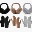 Winter Ear Muffs Gloves Set, 2 Pcs Adjustable Faux Fur Earmuffs and 3Pcs Elastic Cuff Knit Gloves for Adult, Gray And Brown