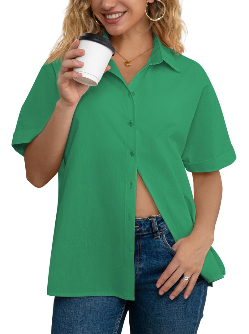 AISEW Womens Cotton Button Down Short Sleeve Shirts Summer Casual Dress Shirt Collared Work Office Blouse (Green, XXL)