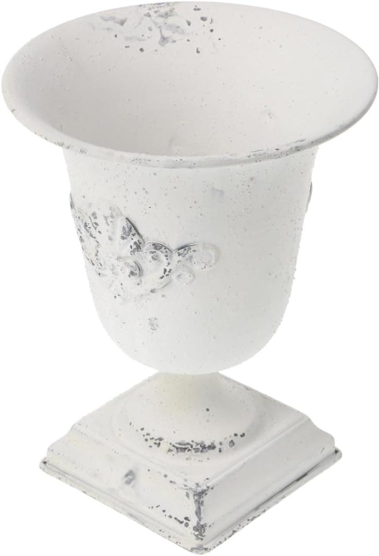POPETPOP Tall Urn Vase Retro White Metal Urn Planter Pedestal Flower Pot Rustic Farmhouse Flower Holder for French Country Style Home Table Centerpiece Decor, 5.9 x 5.9 x 7.47 Inches