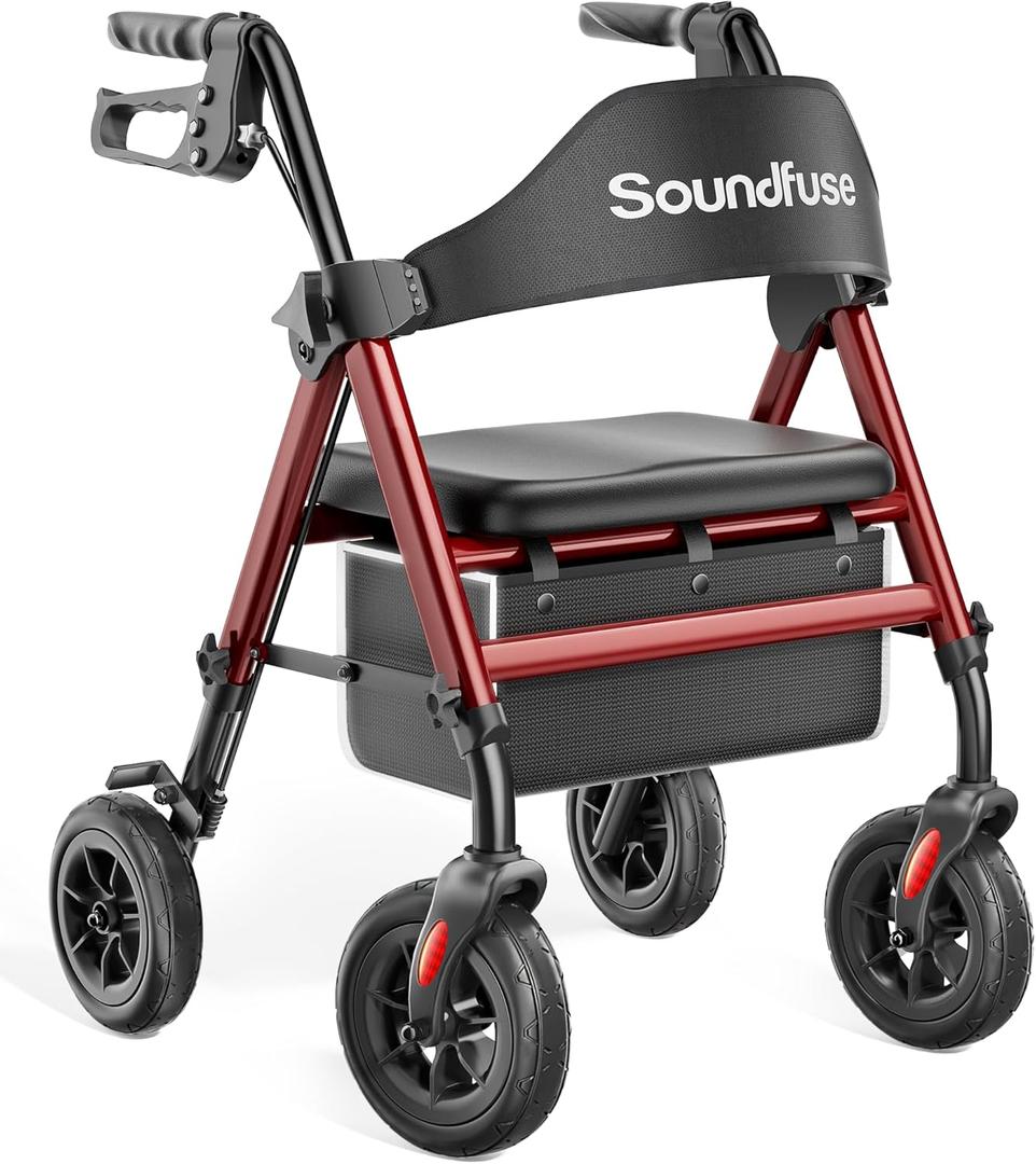 Soundfuse Rollator Walkers for Seniors with Seat, Foldable Lightweight Rolling Walker with 8" Big PU Wheels, Ergonomic Seat, Dual Height Adjustment (Red)
