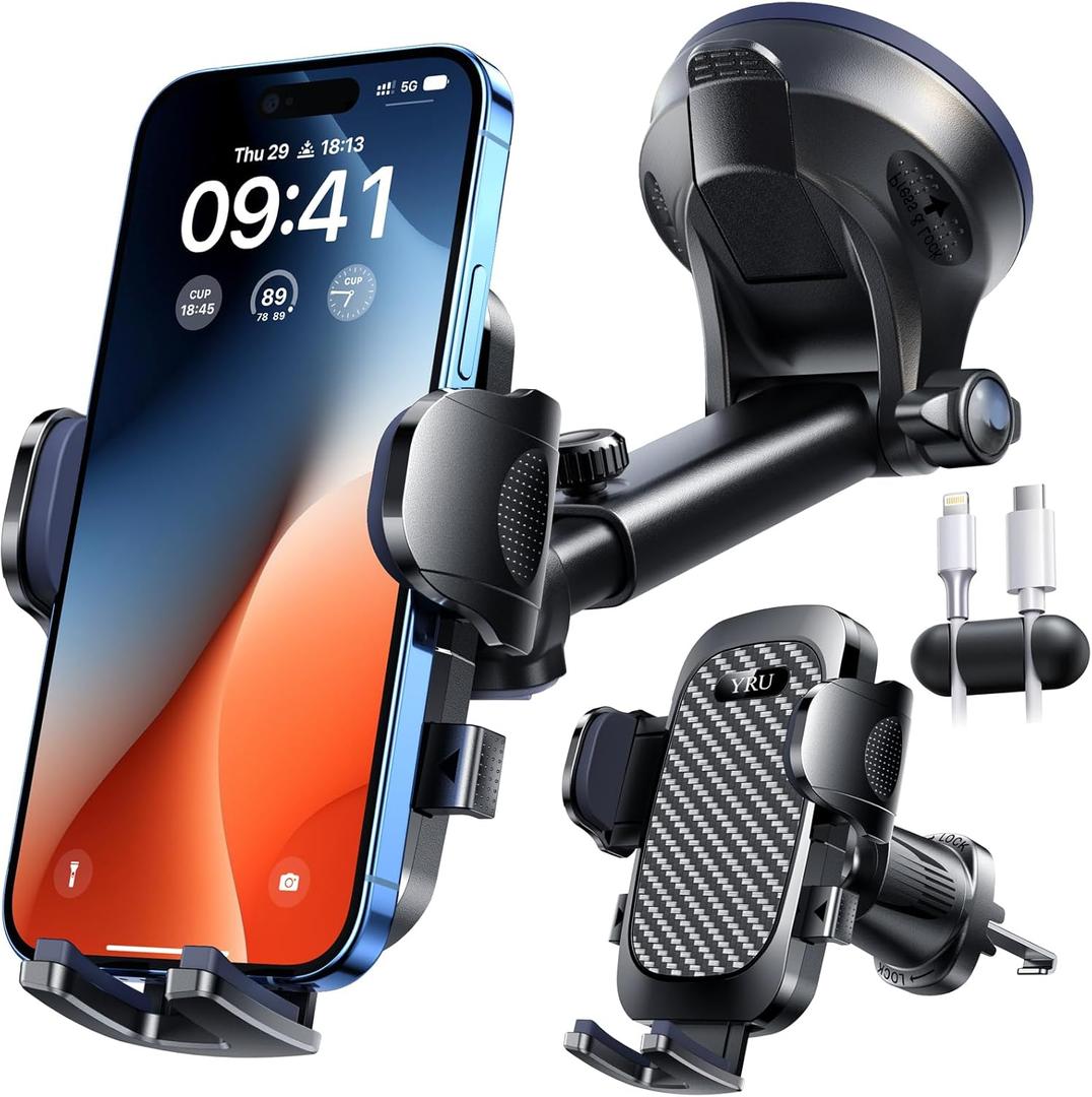 YRU True Military-Grade [360 Rotation Suction] 2026 Ultimate Car Phone Holder Mount 90+LBS Safest Strongest & Patent Certs Dash Windshield Vent for iPhone 17 16 Pro Max Samsung Camera,Gloss Black