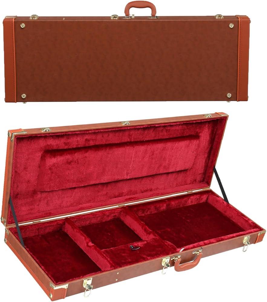 Vasitelan Electric Guitar Hard Case, Rectangle Wooden Hard-Shell Protective Carrying Case for Standard KST/KTL/170 Style (Brown)