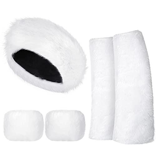 SATINIOR 2 Pieces Faux Fur Headband Set Ear Warmer Headwrap Furry Wrist Cuff Leg Warmers Boot Cuff Winter Accessories for Women Girls (White)