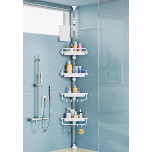 XLHOMO 32-122inch Corner Shower Caddy Tension Pole White, Rustproof Drill-Free Shower Shelves for Bathroom Bathtub Washbasin, Adjustable Shower Organizer with 4 Tier Patent Stable Shelves & Towel Bars