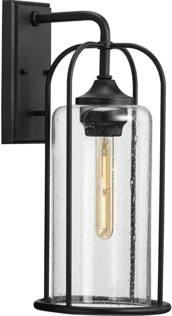 Progress Lighting Watch Hill Collection 1-Light Textured Black Clear Seeded Glass Farmhouse Outdoor Large Wall Lantern Light, Measures 10-1/4-inch width by 19-3/8-inch height by 8-1/2-inch length