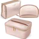 MAANGE 3 Pcs Makeup Bag Portable Travel Cosmetic Bag Large Makeup Bag Organizer with Gold Zipper Waterproof Toiletry Bags for Women and Girls(Rose Gold)