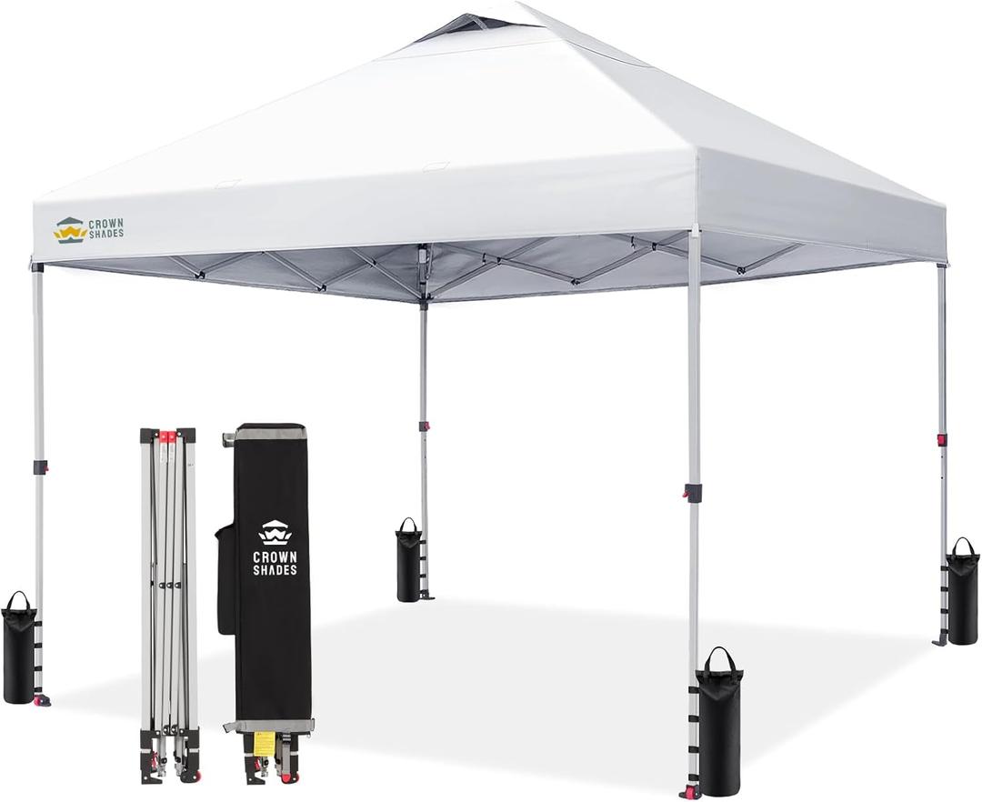CROWN SHADES 10x10 Pop Up Canopy - Beach Tent with One Push Setup - Easy Outdoor Sun Shade for Events, Parties, Camping - Gazebo with STO-N-Go Cover Bag, Silver Coated Top, Grid White