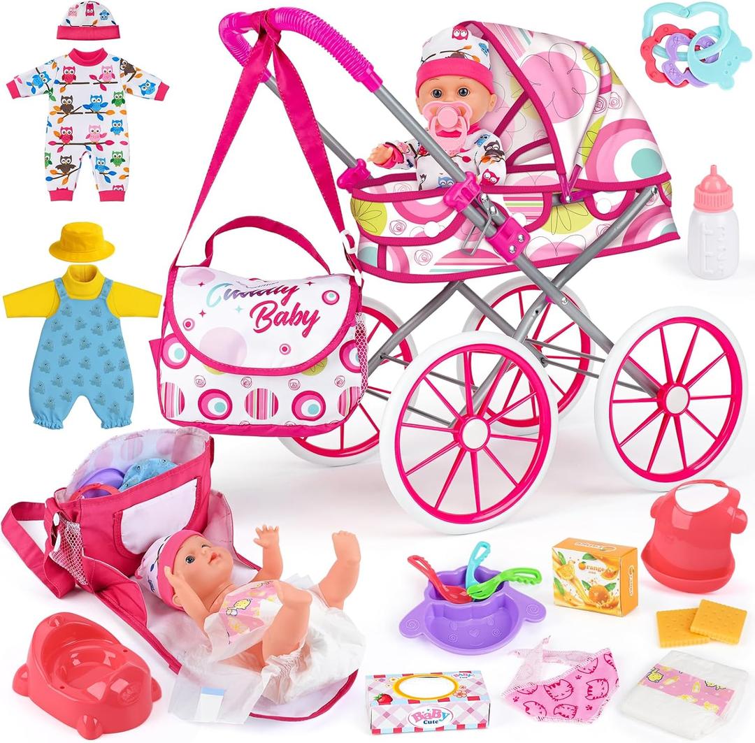 Baby Doll Stroller Toy Set with 12.5'' Doll, Diaper Changing, 2 Doll Clothes, Pacifier, Storage Bag, Baby Doll Accessories and Toy Baby Stroller for Girls Toddlers 3-5 4-6 5-7 Gifts for Pretend Play