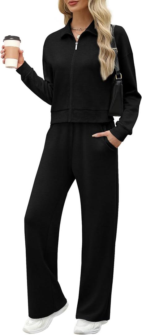 XIEERDUO Lounge Sets for Women 2025 Sweatsuit 2 Piece Outfits Sweatshirt Wide Leg Sweatpant Tracksuit Matching Set (Black, S)