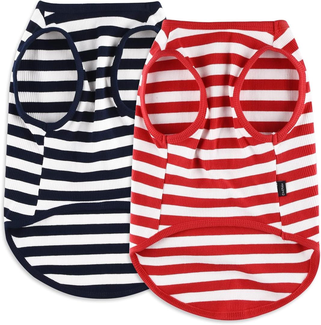 Dog Shirt Striped Clothes Stretchy Vests for Small Medium Large Dogs Boy Girl Cat Apparel Soft Cotton Puppy T-Shirts Lightweight Pet Tank Top Kitten Outfit Pack-2 Red & Blue S