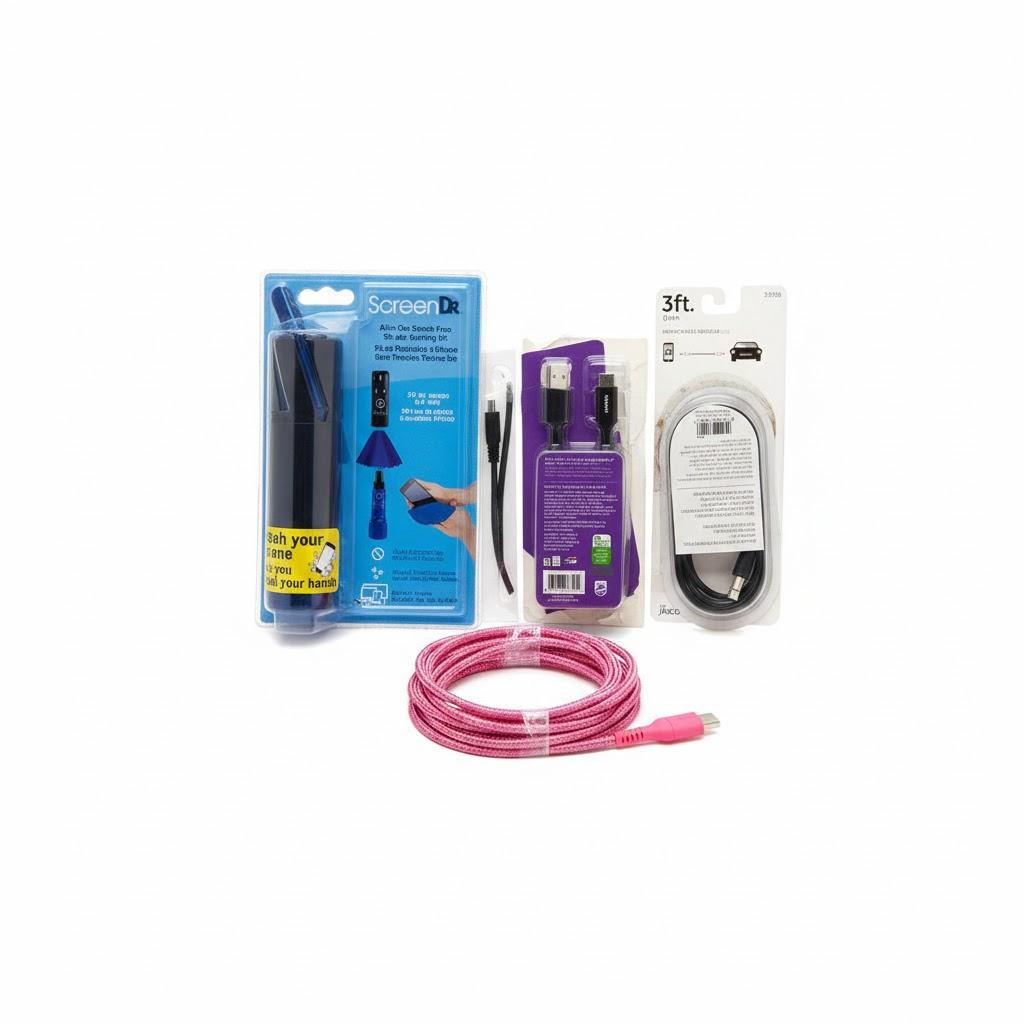 Set Of 4: Screen Cleaning, Charger Cable, Audio Cable