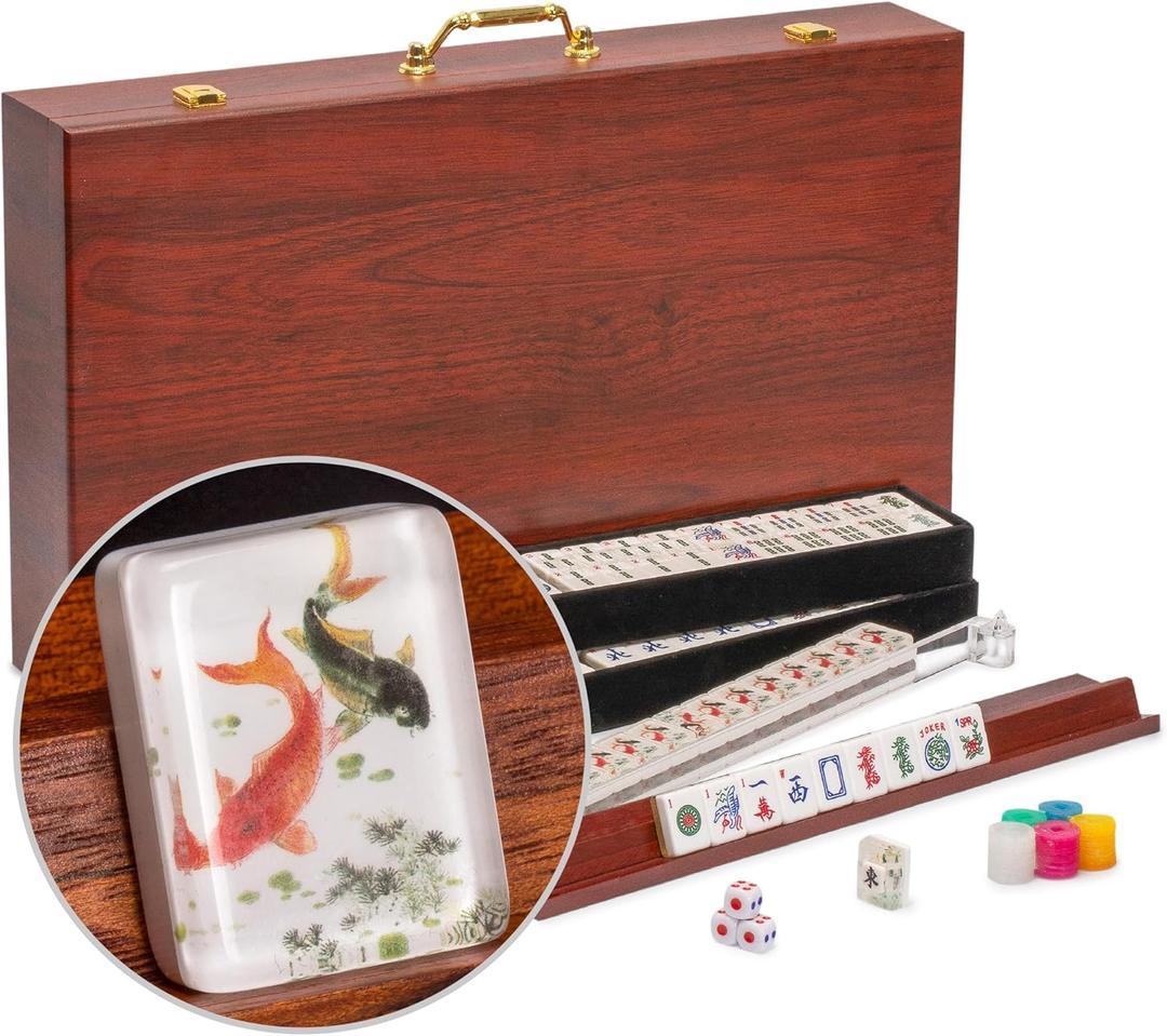Yellow Mountain Imports American Mahjong Set, Koi Fish with Wooden Case - Four Wooden Racks, Acrylic Pushers, Wright Patterson Scoring Coins, Dice, & Wind Indicator